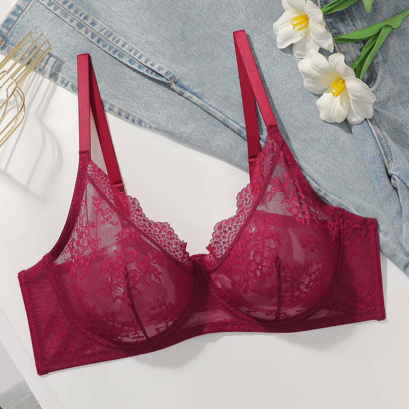 Sutiã de Renda Vermelha Plus S - Sheer Mesh Bra avaliação e preço